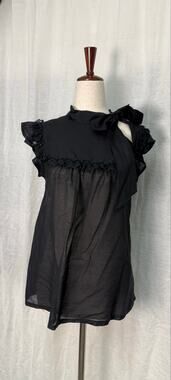 Kitten D'Amour Black Sheer High Neck Blouse Lace Trim Ruffle Bow Tie Georgette
8